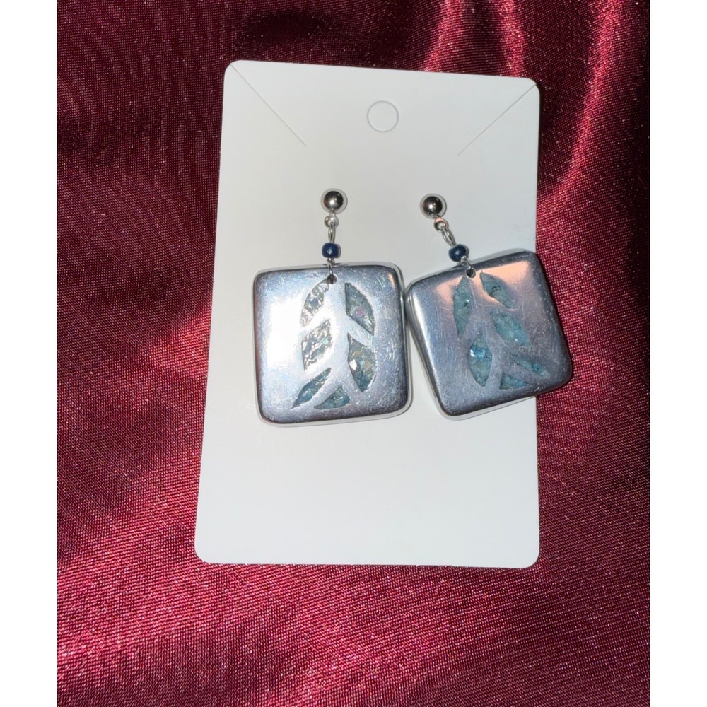 Artisan Silver Tone Square Leaf Inlay Drop Earrings Blue Iridescent Mosaic‎ New